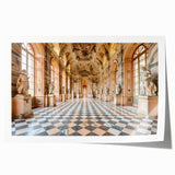 Rolled print of a large floral design on a palace architecture backdrop, in soft pastel shades.