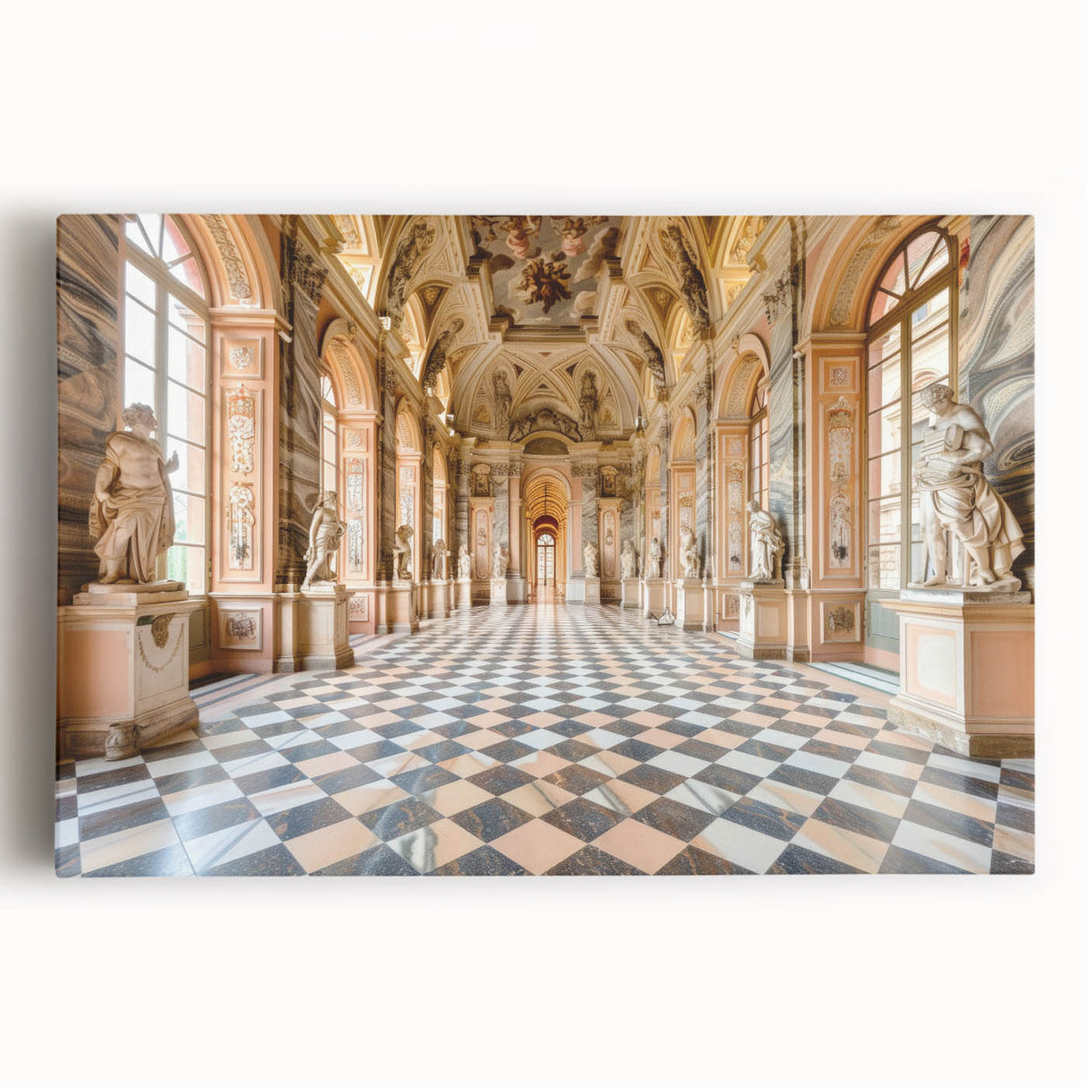 Large black and white photo of a palace, printed on stretched canvas, ideal for kitchen wall art.