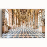 Large black and white photo of a palace, printed on stretched canvas, ideal for kitchen wall art.