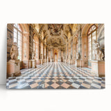 Black and white large art print of a palace architecture on stretched canvas, ideal for kitchen wall art or bedroom.