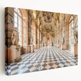 Side view of a large stretched canvas depicting a detailed palace architecture in neutral tones.