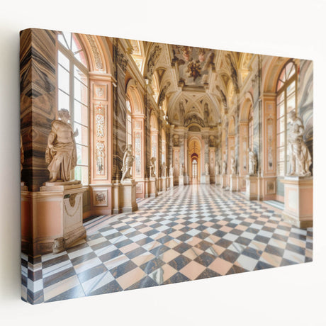 Side view of a large stretched canvas depicting a detailed palace architecture in neutral tones.