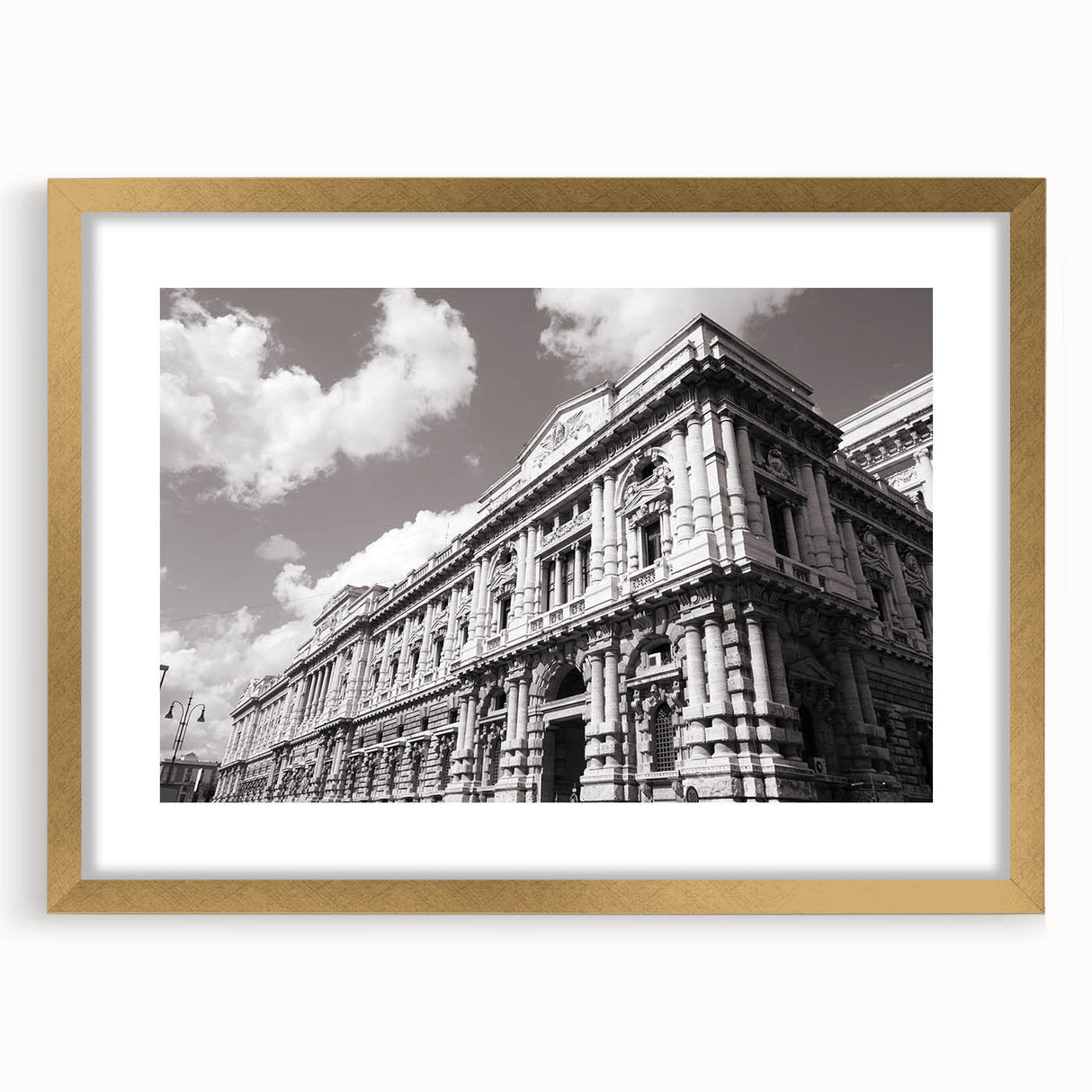 Textured abstract art print of a palace design in gold frame, featuring muted earth tones, ideal for bedroom art.