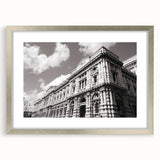 Abstract art print of a palace in muted gray and silver tones on a framed canvas, suitable for dining room decor.