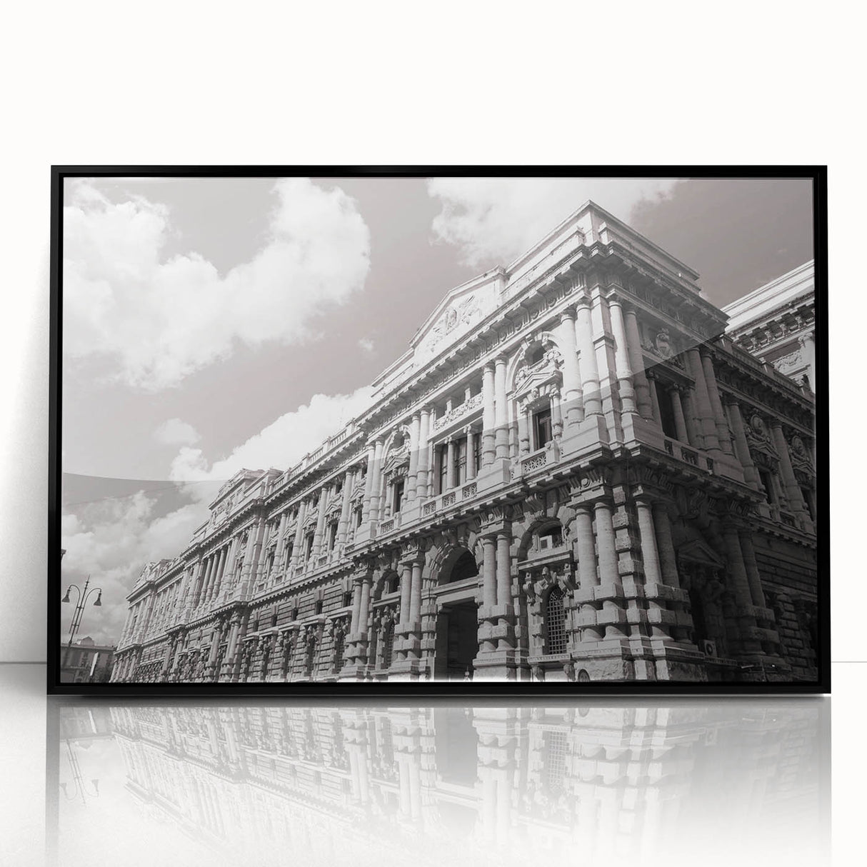 Large abstract wall art featuring mid-century modernist design in black and white tones, framed acrylic.