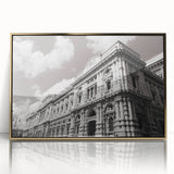 Mid-century modernist art of a palace in acrylic, gold frame, ideal for modern art wall decor.