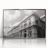 Art deco poster of a palace architecture design in silver and gray tones, acrylic framed, suitable for modern art wall decor.