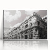 Framed acrylic print of a mid-century modernist palace design in muted grays and whites, suitable for modern art wall decor.