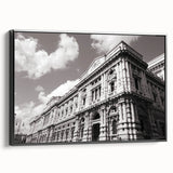 Black and white framed canvas of a vintage palace design, ideal for bedroom wall art.