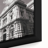 Black wall art featuring a close-up of a palace with colorful, textured details on a framed canvas.