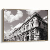 Vintage poster art of a palace design on framed canvas, featuring gold and black tones, suited for large living room walls.