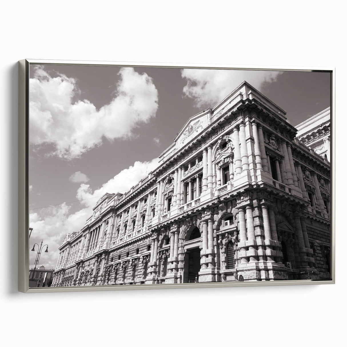 Framed canvas of a vintage palace design in muted black and gray tones, ideal for bedroom wall art.