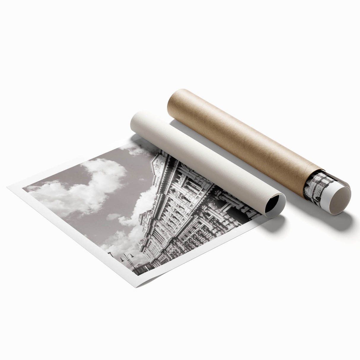 Extra large rolled print of a detailed floral design on a palace architecture backdrop, in muted earth tones.