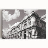Black and white large art print of a palace architecture on stretched canvas, suitable for kitchen wall art.