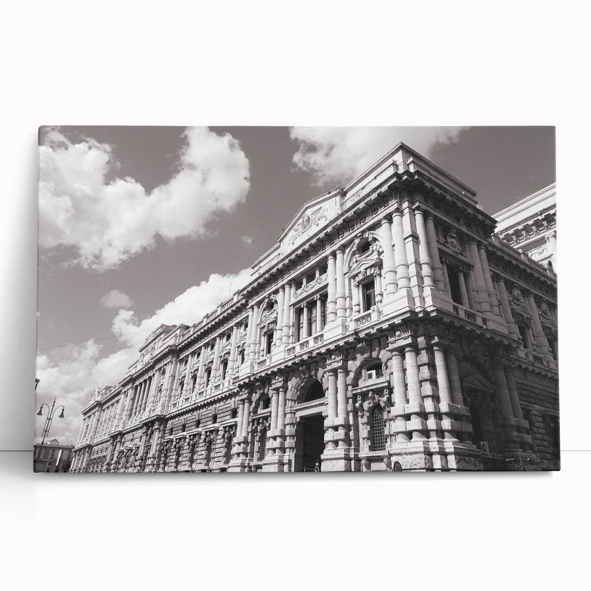 Large black and white stretched canvas of a palace design, suitable as kitchen wall art or for a bedroom.