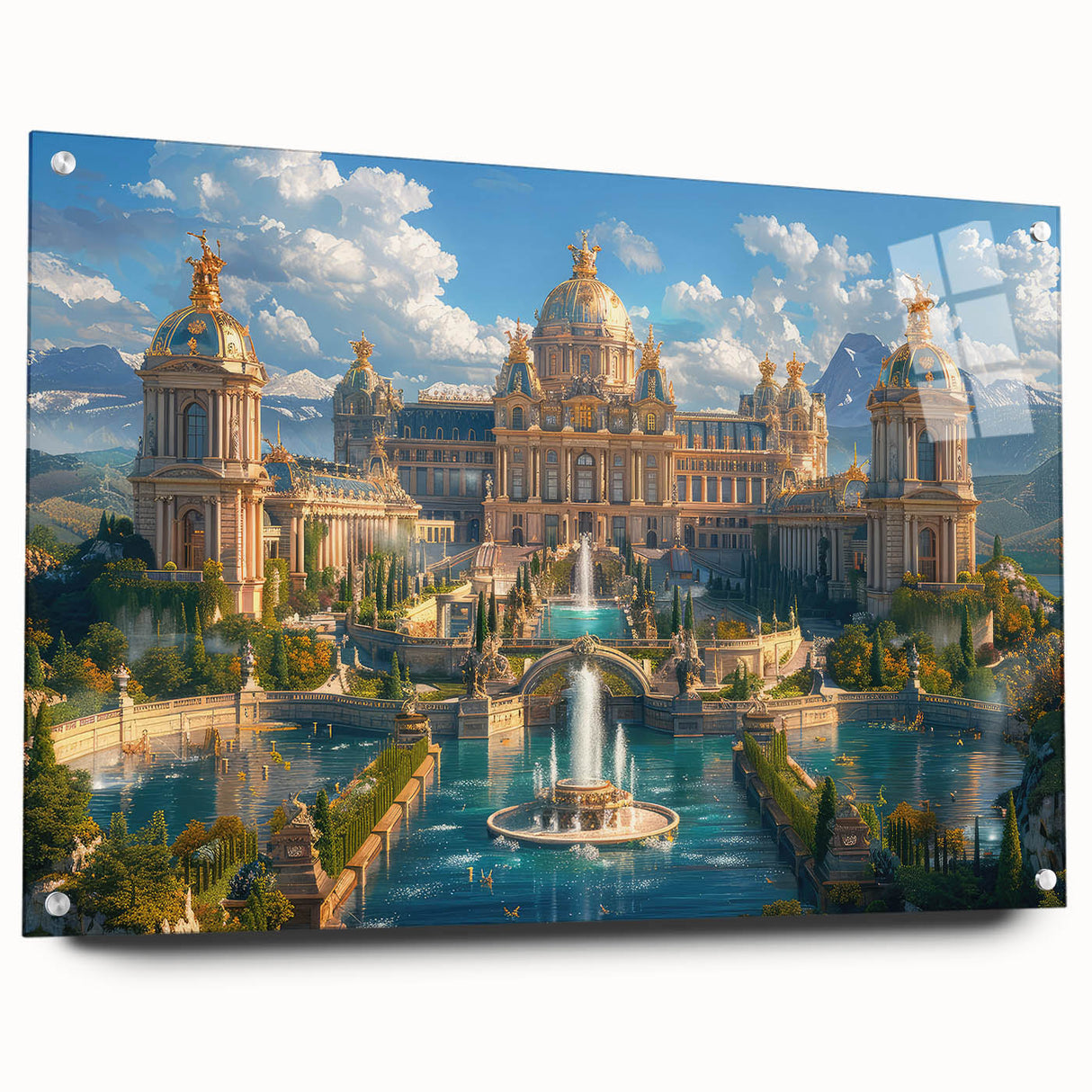 Acrylic print of a large abstract depiction of a palace, featuring muted earth tones, ideal for dining room decor.