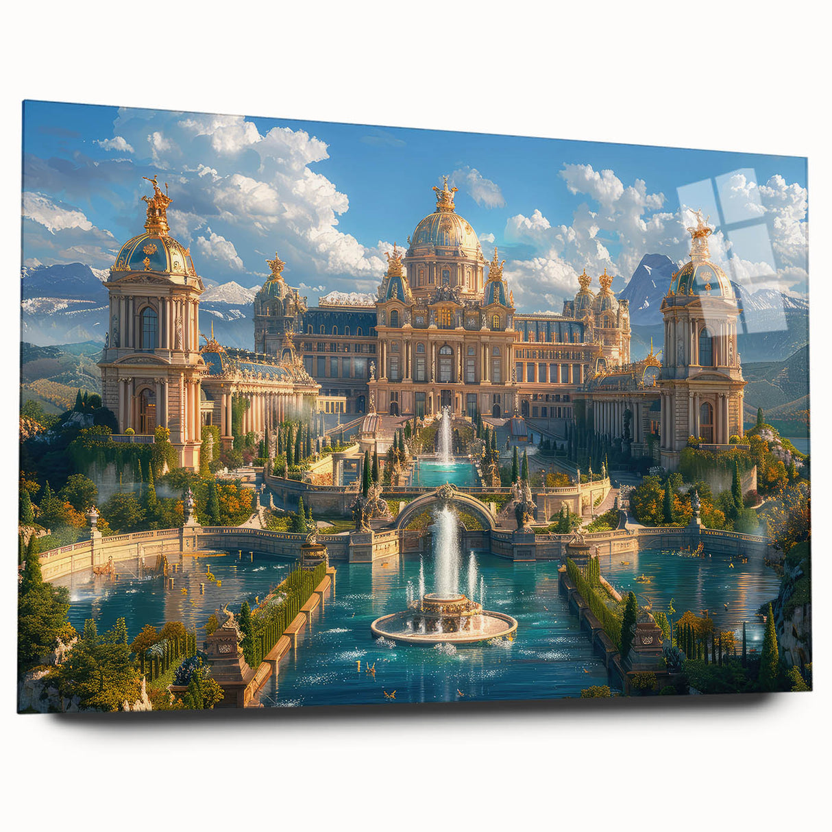 Large abstract wall art depicting a palace architecture in muted gray tones on acrylic glass.