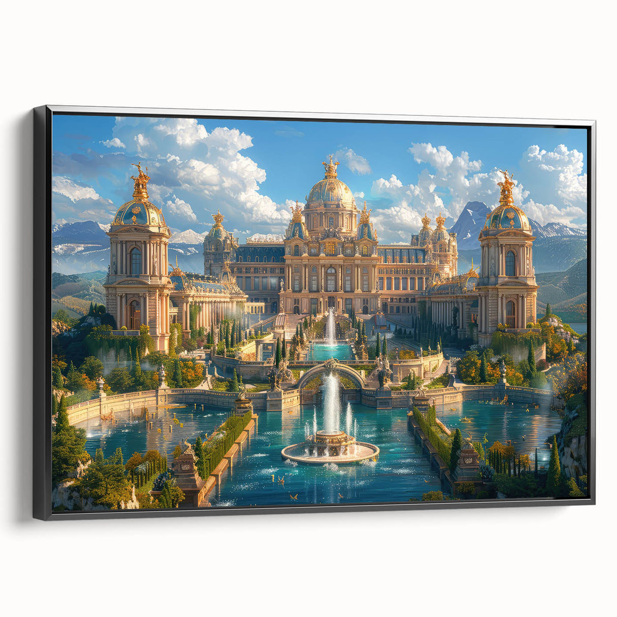Black and white framed canvas featuring a vintage-style landscape painting, ideal for bedroom wall art.