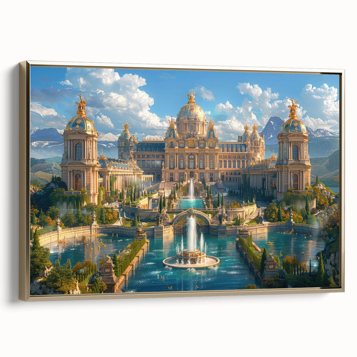 Framed canvas depicting a vintage-style palace in muted gold and black tones.