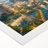 Art deco poster of a palace in muted gold and navy tones on rolled canvas, suitable for dining room decor.