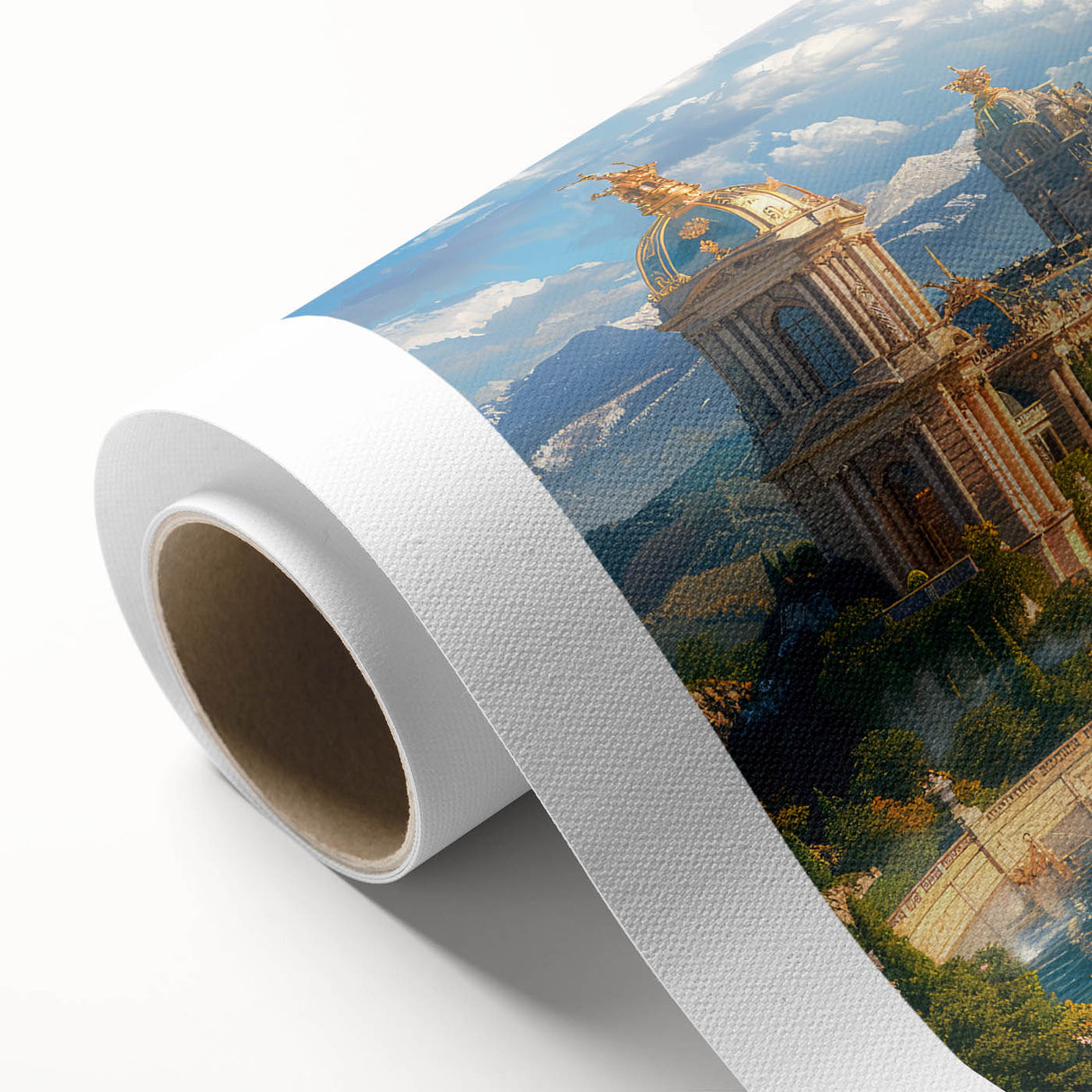 Art Deco style palace architecture in soft beige and cream colors on rolled canvas.