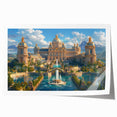 Rolled print of a grand palace architecture with intricate floral designs in muted earth tones.