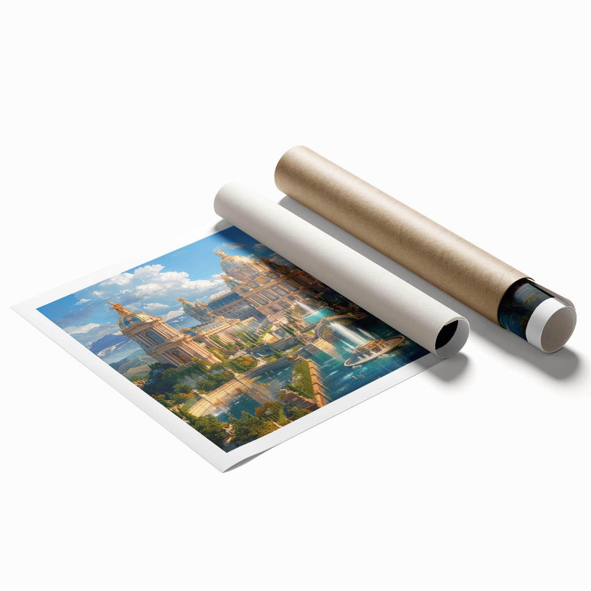 Extra large rolled print of a floral palace design in muted earth tones, ideal for classy bathroom wall art.