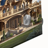 Large abstract wall art on acrylic glass featuring mid-century modernist palace architecture in muted earth tones.