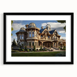 Extra large abstract art print featuring a colorful, textured depiction of a palace, framed in black.