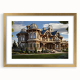 Textured abstract art print of a palace, in gold tones, framed with a mat, ideal for bedroom art.