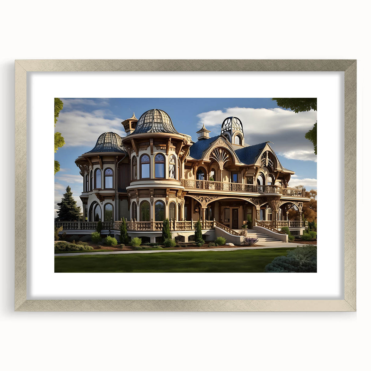 Abstract art print featuring a geometric palace design in muted silver and gray tones on a framed canvas.