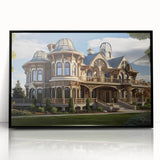 Large abstract wall art featuring a mid-century modernist palace design in black and gray tones on framed acrylic.