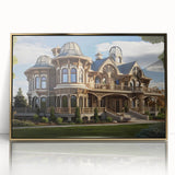 Acrylic print of a mid-century modernist palace design in gold tones, ideal for nursery wall art.