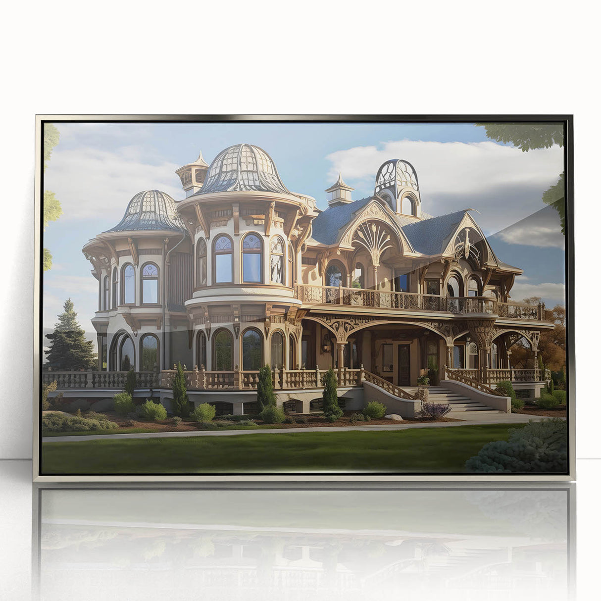 Art Deco style palace design in silver and gray tones on a framed acrylic, suitable for modern art wall decor or a nursery.