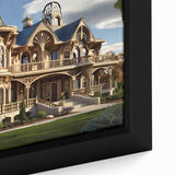 Close-up of a black wall art featuring a textured, colorful palace design on a framed canvas, suitable for living room decor.