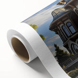 Art deco poster of a geometric palace design in soft pastels on rolled canvas, suitable for nursery wall art.