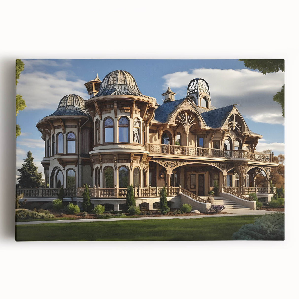 Large black and white print of a palace design on stretched canvas, suitable for kitchen wall art.