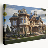 Side view of a large stretched canvas featuring a detailed architectural palace design in monochrome tones.