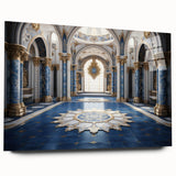 Large abstract wall art on acrylic glass depicting a modern architectural palace in muted gray and blue tones.