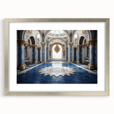 Abstract art print featuring geometric shapes in muted gray and silver tones on a framed canvas.