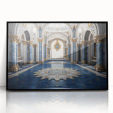 Large abstract wall art depicting a mid-century modernist palace in muted gray and black tones, framed in acrylic.