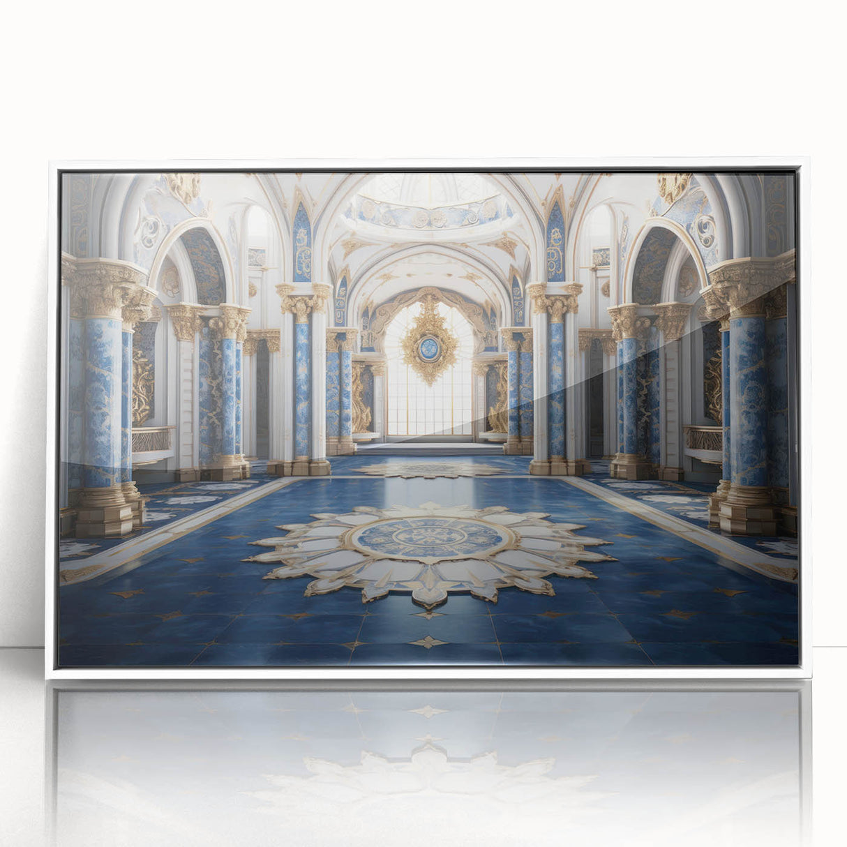Framed acrylic print of a mid-century modernist palace architecture in muted gray and white, ideal for modern art wall decor.