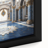 Black wall art featuring a close-up of a palace design with colorful, textured elements on a framed canvas.