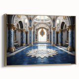 Framed canvas featuring a vintage-style palace landscape in muted gold and black tones.