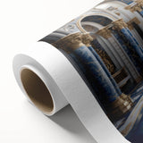 Art Deco style palace architecture in muted gold and blue tones on rolled canvas.