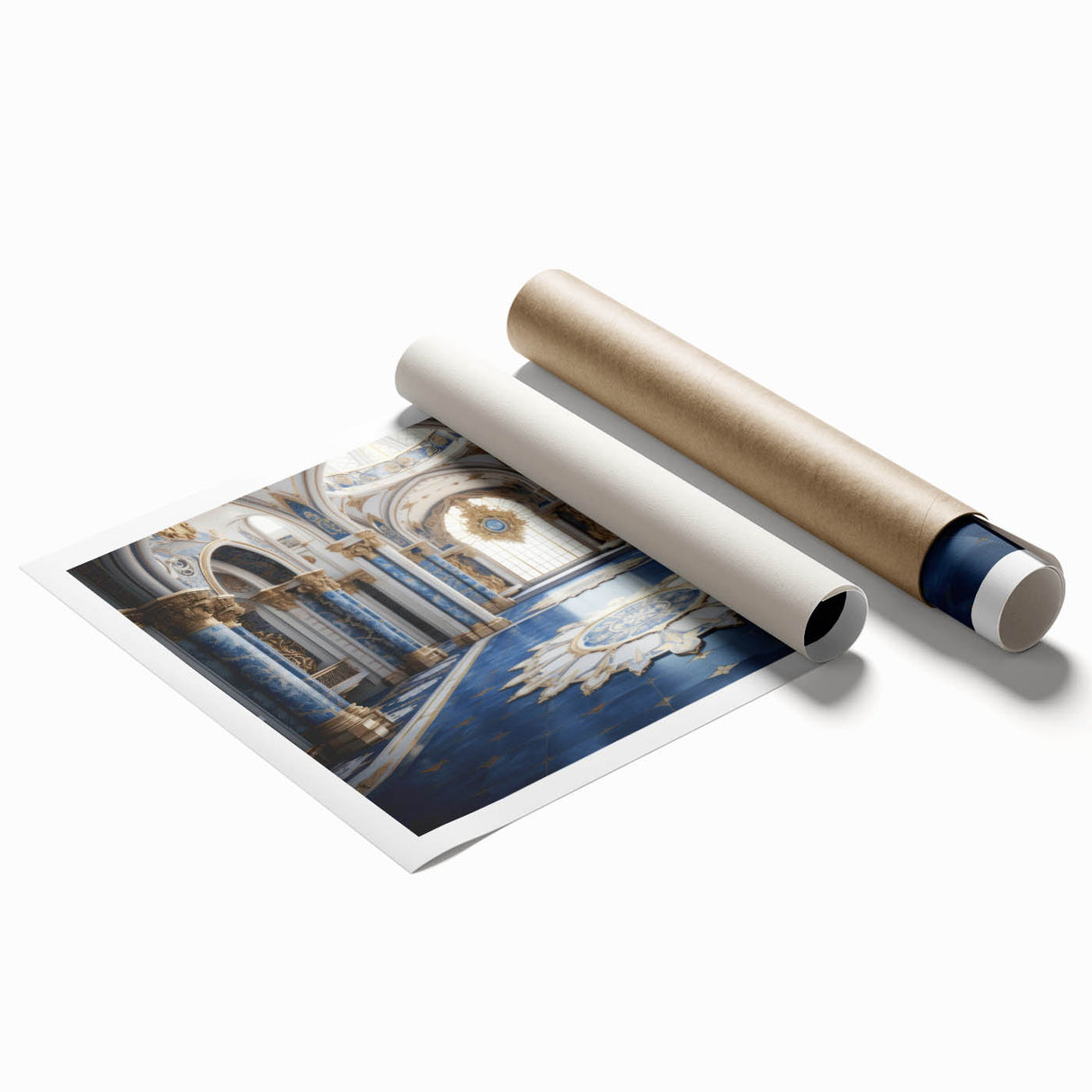Extra large rolled print of a palace architecture with detailed floral designs in muted colors.