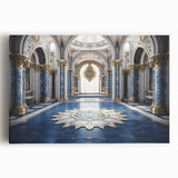 Large black and white photo of a palace on stretched canvas, ideal for kitchen wall art.