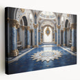 Side view of a large stretched canvas featuring a detailed palace architecture design in neutral tones.