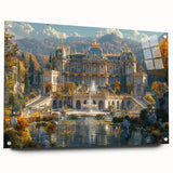 Large abstract wall art of a palace design in muted gold and white tones on acrylic glass.