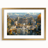 Textured abstract art print of a palace design in gold tones on a framed canvas, ideal for bedroom decor.
